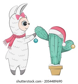 Cute Christmas lama decorate cactus. Vector illustration.