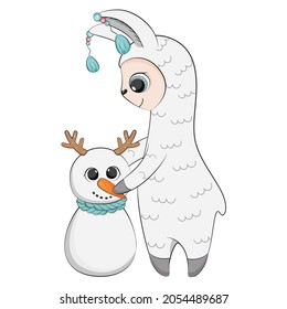 Cute Christmas lama with snowman. Vector illustration.