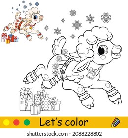 Cute Christmas lamb with presents. Cartoon little sheep character. Vector isolated illustration. Coloring book with colored exemple. For card, poster, design, stickers, decor,kids apparel