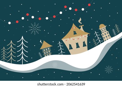 Cute Christmas landscape with silhouette of houses and trees. Happy New Year greeting card template. Flat vector illustration