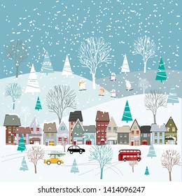 Cute Christmas lanscape in the town with fairy tale houses,polar bear playing ice skates, trees and cars, Panorama flat design in winter city life in holiday eve, Christmas and new year background