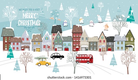 Cute Christmas lanscape in the town with fairy tale houses,polar bear playing ice skates, trees and cars, Panorama flat design in winter city life in holiday eve, Christmas and new year background