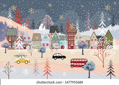 Cute Christmas lanscape in the town with fairy tale houses,polar bear family, trees and cars, Panorama flat design in winter city life in holiday eve, Christmas and new year background