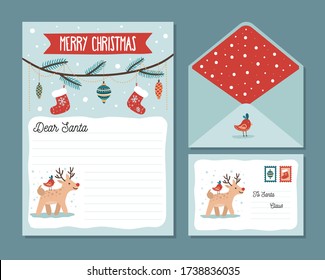 Cute christmas letter design template with deer vector illustration. Paper with dear santa text and front and back view of envelope cartoon style. Winter holidays concept. Isolated on blue