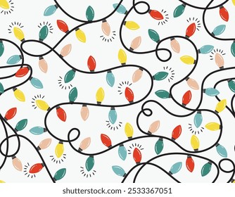 Lindo patrón de luces de Navidades sin fisuras, bombillas en una cadena para Navidad, Ilustración vectorial Not Ai, diseño para la moda, tela, textil, Fondo de pantalla, envoltura y todos los estampados