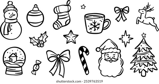 Cute Christmas line art doodles, ink illustration set for the winter holidays, decorative vector clip art, isolated