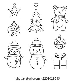 Cute christmas line art vector illustrations, holiday decoration, isolated