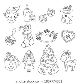 Cute Christmas line icons. Elf, spruce, deer and other New Year holiday symbols in kawaii style. Collection of isolated vector elements for winter celebration design