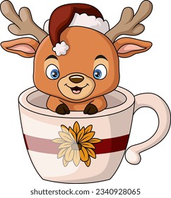 Cute christmas little deer cartoon in the cup