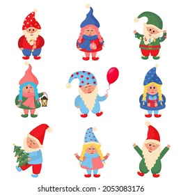 Cute Christmas Little Gnomes Collection. Vector illustration set. 