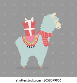 Cute Christmas llama or alpaca with a gift. Christmas and New Year concept.