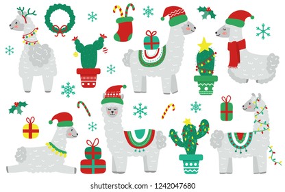 Cute Christmas llama alpaca with Santa Claus hat and holiday decorations. Christmas tree cactus and gifts. Design for nursery. Flat style vector illustration.
