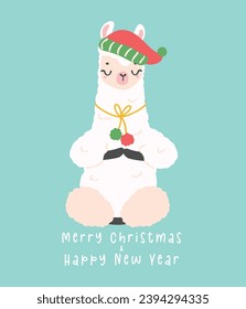 Cute Christmas llama doing meditation greeting card in winter theme, kawaii Happy New Year cartoon Animal hand drawing illustration