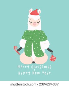 Cute Christmas llama doing meditation greeting card in winter theme, kawaii Happy New Year cartoon Animal hand drawing illustration