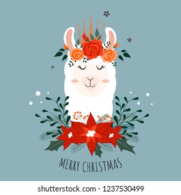 Cute Christmas llama with flower crown.