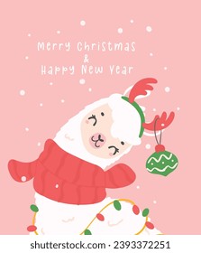 cute Christmas llama greeting card in winter theme, kawaii cartoon hand drawing illustration