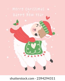 Cute Christmas llama greeting card in winter theme, kawaii Happy New Year cartoon Animal hand drawing illustration