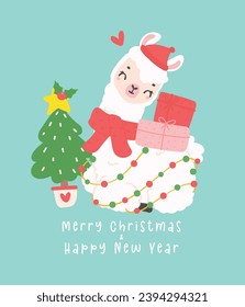 Cute Christmas llama greeting card in winter theme, kawaii Happy New Year cartoon Animal hand drawing illustration