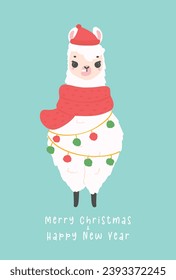 Cute Christmas llama with hat greeting card in winter theme, kawaii Happy New Year cartoon Animal hand drawing illustration