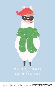 Cute Christmas llama with hat greeting card in winter theme, kawaii Happy New Year cartoon Animal hand drawing illustration