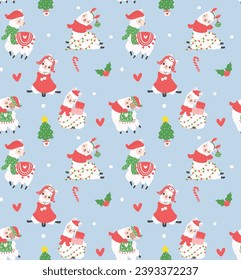 Cute Christmas llama seamless pattern isolate on blue background. 