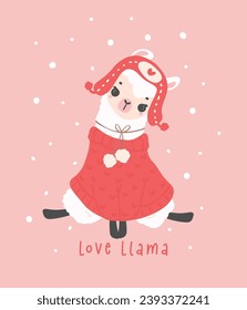 cute Christmas llama, Valentine Llama greeting card in winter theme, kawaii cartoon hand drawing illustration