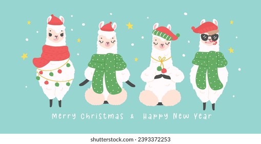 Cute Christmas llamas with hat greeting card banner in winter theme, kawaii Happy New Year cartoon Animal hand drawing illustration