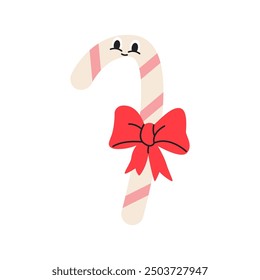 Cute christmas Lollipop cane character. Merry Christmas and Happy New Year sticker. Flat vector illustration isolated on white background.