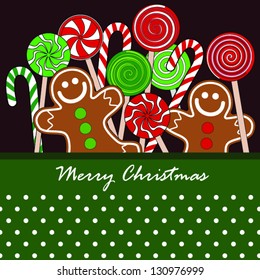 Cute Christmas Lollipops and Gingerbread Background