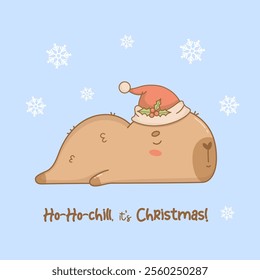 Cute Christmas lying sleeping Capybara in Santa hat with snowflakes. Funny winter festive cartoon kawaii character. Vector illustration. Holiday cool card. Kids collection