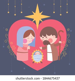 Cute christmas manger characters, Nativity scene (Virgin Mary, Saint Joseph, Baby Jesus)