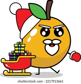 cute christmas mango fruit mascot vector with saint clouse gift train