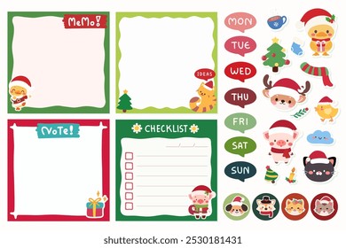 Cute Christmas Memo And Checklist Set Featuring Adorable Cartoon Characters Like Reindeer, And Animals. Includes Memos, Weekly Planner, Stickers And Decorative Elements.