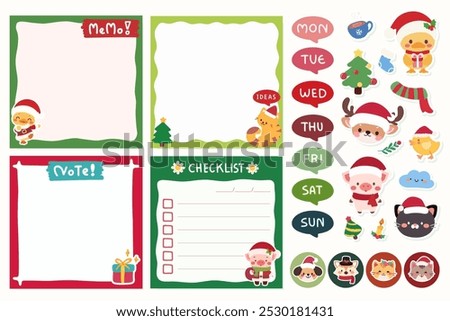 Cute Christmas Memo And Checklist Set Featuring Adorable Cartoon Characters Like Reindeer, And Animals. Includes Memos, Weekly Planner, Stickers And Decorative Elements.