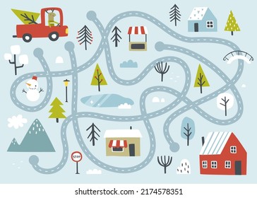 Cute christmas mini labyrinth game for children. Winter town maze with car for kids.