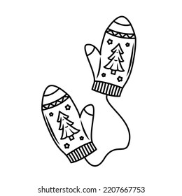 Cute Christmas mittens on a string with a Christmas tree pattern. A simple piece of winter clothing. Vector illustration isolated on a white background.