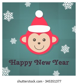 Cute christmas monkey. Symbol of the year red monkey vector illustration on christmas background with snowflakes and text Happy New Year