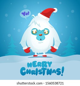 Cute Christmas Monster Yeti Bigfoot Vector. Holiday Cartoon Mascot. Isolated On White Background. Merry Christmas, Happy New Year Congratulation Decoration Design