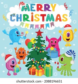 Cute Christmas monsters vector Christmas card