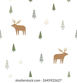Cute Christmas Moose, Deer and Trees Seamless Pattern. Background Good for Wrapping paper, Textile, Wallpaper