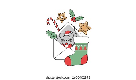 Cute christmas mouse in envelope with holly candy cane stars and festive stocking decorations