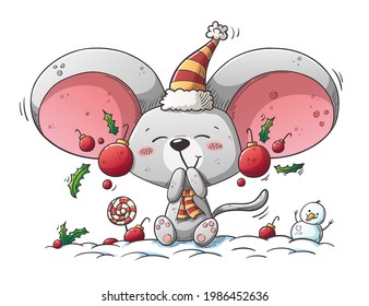 Cute christmas mouse. Hand drawn vector illustration with separate layers.