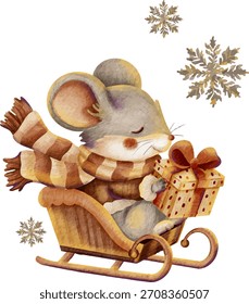 Bonito mouse de Natal no trenó com presentes - Ilustração de férias de inverno