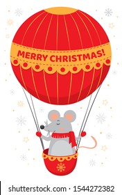 Cute Christmas mouse in red air balloon. Vector christmas mouse for card, prints, banners