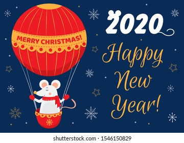 Cute Christmas mouse in red air balloon. Vector christmas  greeting card