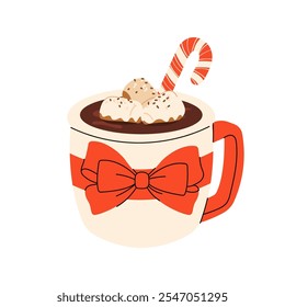 Caneca de Natal bonito com bengala e cacau, chantilly, marshmallow, gengibre e bengala. Produtos aromatizados sazonais, cartões de Ano Novo ou férias de inverno. Ilustração em plano vetorial