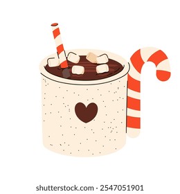 Cute Christmas Mug with candy cane and cacao, whipped cream, marshmallow, gingerbread and candy cane. Seasonal flavored products, cards for New Year or winter holidays. Vector flat illustration