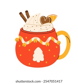 Cute Christmas Mug with cookies and cacao, whipped cream, marshmallow, gingerbread and candy cane. Seasonal flavored products, cards for New Year or winter holidays. Vector flat illustration