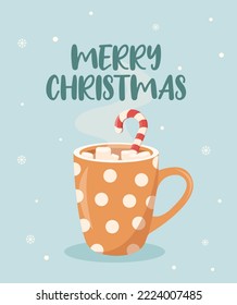 Cute christmas mug with hot chocolate, marshmallows and candy cane. Christmas greeting card or banner