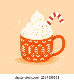 Cute Christmas mug with hot cocoa, coffee or chocolate, whipped cream and candy cane. Hand drawn vector illustration in flat cartoon style. Winter and Christmas beverage concept